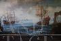 Antique painting of a coastal scene with galleons, 18th century