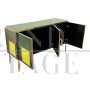 Three-door sideboard in brass and green and colored glass