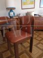 Extendable square table in solid walnut + 4 leather chairs, Italy 1970s