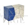 Design sideboard covered in light blue and parchment-colored glass tiles