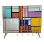 Sideboard in colored glass with illuminated mirror interior