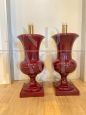 Pair of burgundy ceramic candlestick table lamps, 1970s