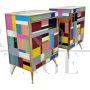 Pair of bedside tables in wood and multicolored glass