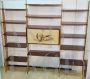 Vintage modular bookcase wall unit in maple and mahogany with print