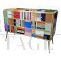 Design dresser with six drawers covered in multicolored glass