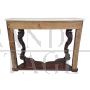 Antique console in carved wood with caryatids and marble top