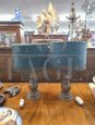 Pair of antique bronze table lamps with teal lampshade