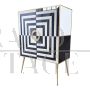 Small sideboard bar cabinet in optical black and white glass and mirror