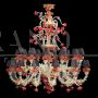 Rezzonico chandelier in white, gold and red Murano glass with black lampshades                            