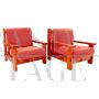 Pair of large vintage armchairs in wood and red velvet, Italy 1970s