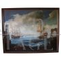 Antique painting of a coastal scene with galleons, 18th century