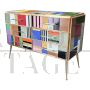 Design dresser with six drawers covered in multicolored glass