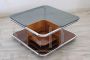 70s design coffee table in glass with wooden shelves 