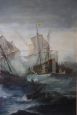 Antique painting of battle between galleons, 19th century, oil on canvas