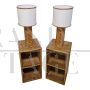 Pair of bamboo and rattan bedside tables with built-in lamps