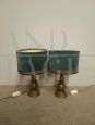 Pair of antique bronze table lamps with teal lampshade