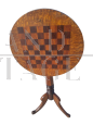 Antique round snap top table with inlaid chessboard, 19th century