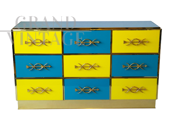 Cassettiera design con 9 cassetti in vetro giallo e azzurro 