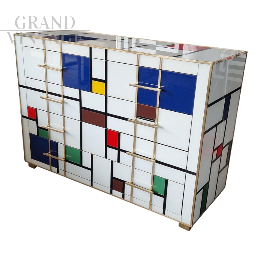 Comò in vetro di Murano multicolore stile Mondrian con 4 cassetti                            