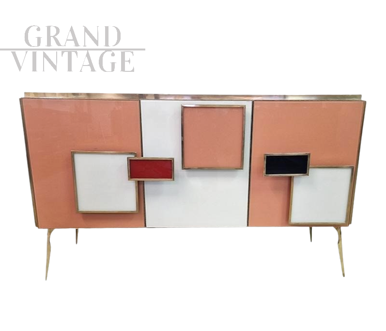 Credenza a tre ante in vetro bianco e rosa                            