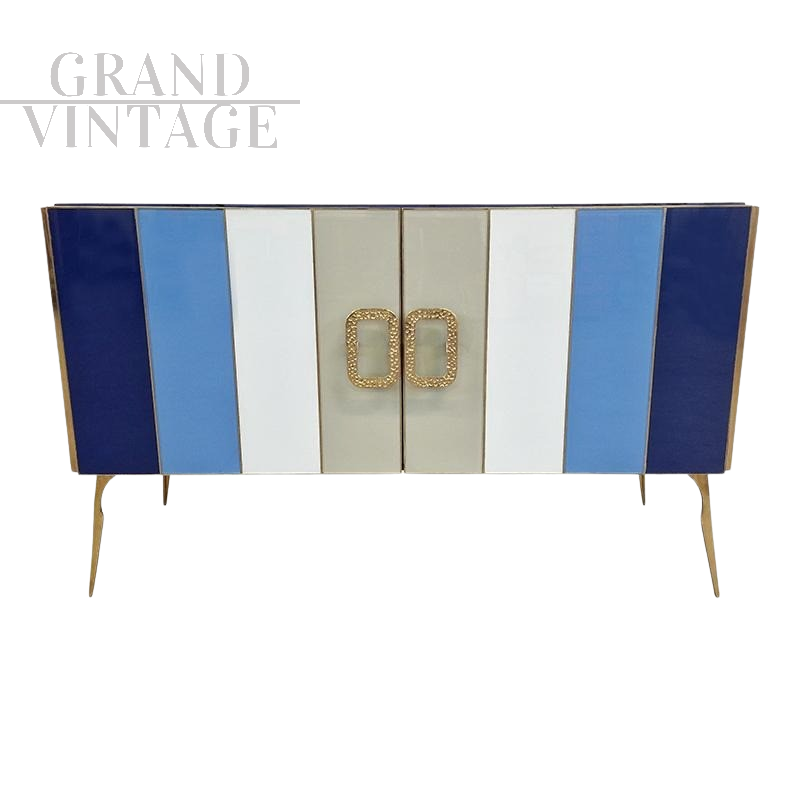 Credenza in vetro di Murano a 4 ante nei toni del blu                            