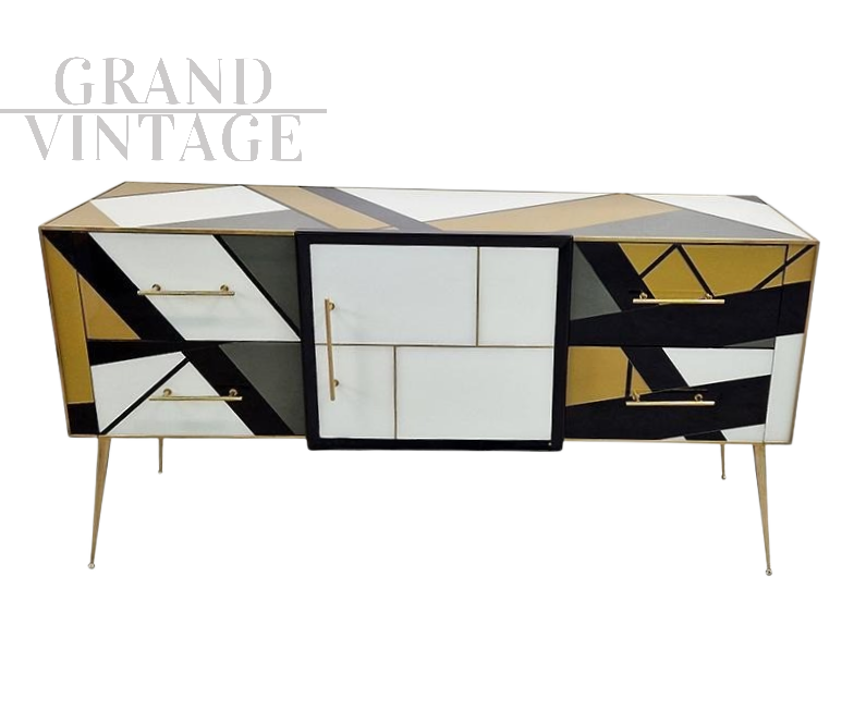 Credenza in vetro di Murano a quattro colori con anta e cassetti                            