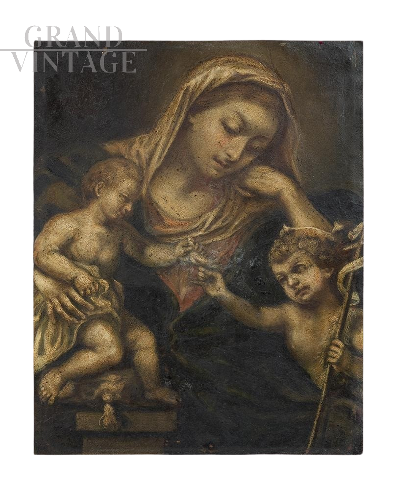 Dipinto antico su rame raffigurante Madonna col Bambino e San Giovannino                            