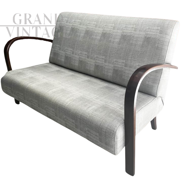 Divano art déco anni '40 in cotone grigio con braccioli tondi                            