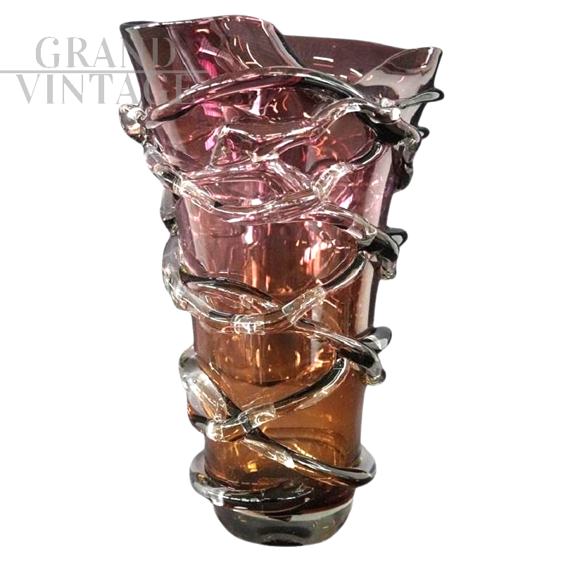 Grande vaso vintage in vetro di Murano artistico ambra e viola                            