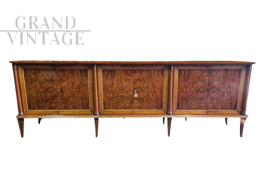 Grande credenza Art Déco a sei ante in noce e radica, anni '30                            