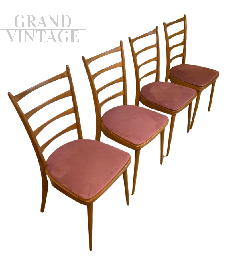 Set di 4 sedie vintage in stile scandinavo in velluto rosa antico                            