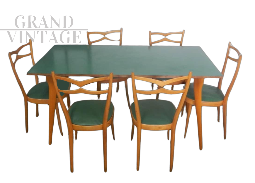 Set da pranzo vintage con tavolo e 6 sedie in stile Paolo Buffa, anni '50                            