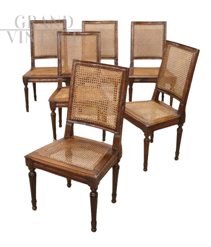Set di 6 sedie antiche Luigi XVI in noce e paglia di Vienna, XVIII secolo