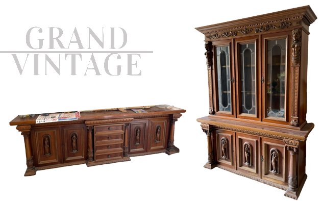 Set di credenza a vetrina con alzata e buffet con statue intagliate