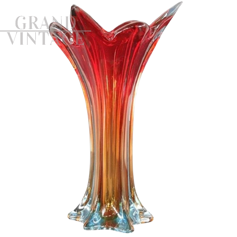 Vaso vintage in vetro di Murano arancione e rosso, anni '60                            