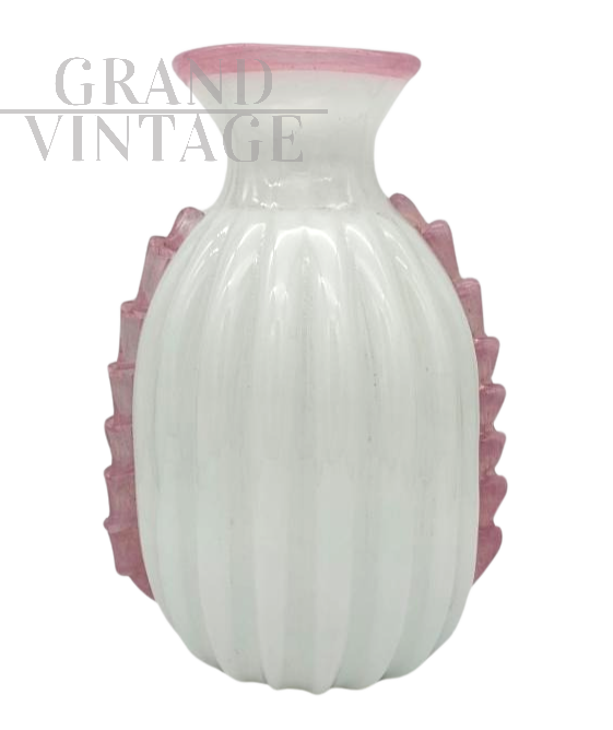 Vaso in vetro di Murano bianco e rosa attribuito Barovier, 1940                            