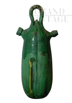 Fiaschetta botijo cantir catalana in terracotta smaltata verde, anni '70                            