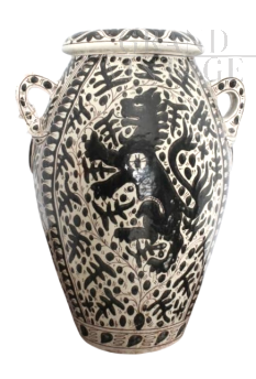 Grande vaso orcio antico Cantagalli con decoro a zaffera medievale                          