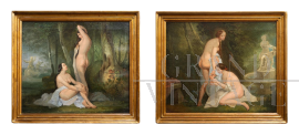 Coppia di dipinti antichi Francesi olio su tela raffiguranti Ninfe                            
