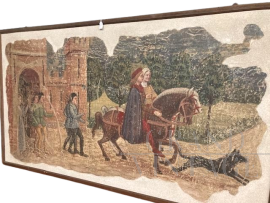 Dipinto antico strappo di affresco raffigurante nobili a cavallo e castello                            