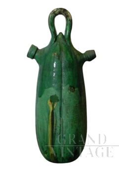 Fiaschetta botijo cantir catalana in terracotta smaltata verde, anni '70                            