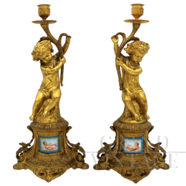 Coppia di Candelabri Napoleone III bronzo dorato e porcellane