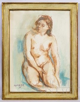 Disegno a pastello Nudo di donna seduta, firmato