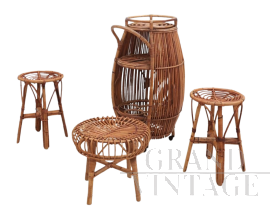 Set bar vintage in bamboo con carrello, sgabelli e tavolino, anni '50                            