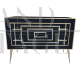 Comò a due cassetti in vetro di Murano nero con geometrie dorate                            