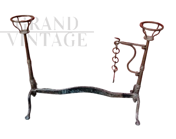 Vintage iron fireplace andiron with pot holder