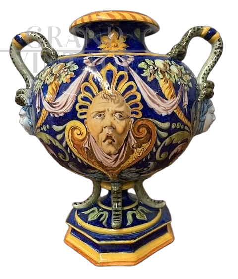 Antique Ginori trilobed majolica vase from 1860 with festoons and blue signature