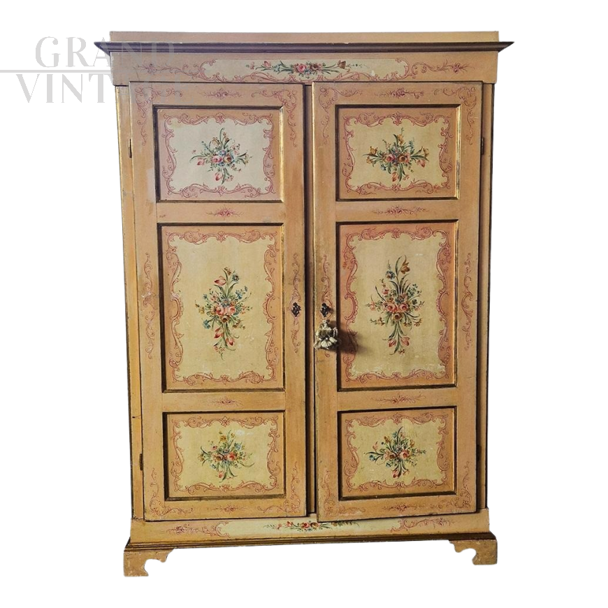 Antique Tyrolean two-door wardrobe lacquered and hand-painted  