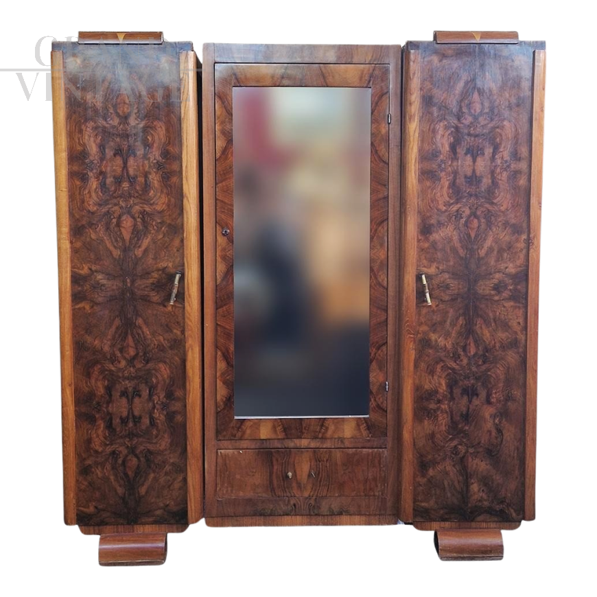 Art Deco wardrobe in walnut briar with mirrored door, Italy 1930s