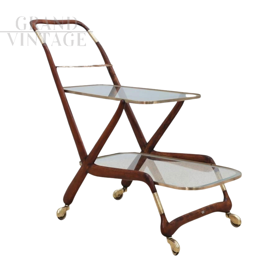 Bar trolley by De Baggis in wood and glass with bottle holder, 1950s